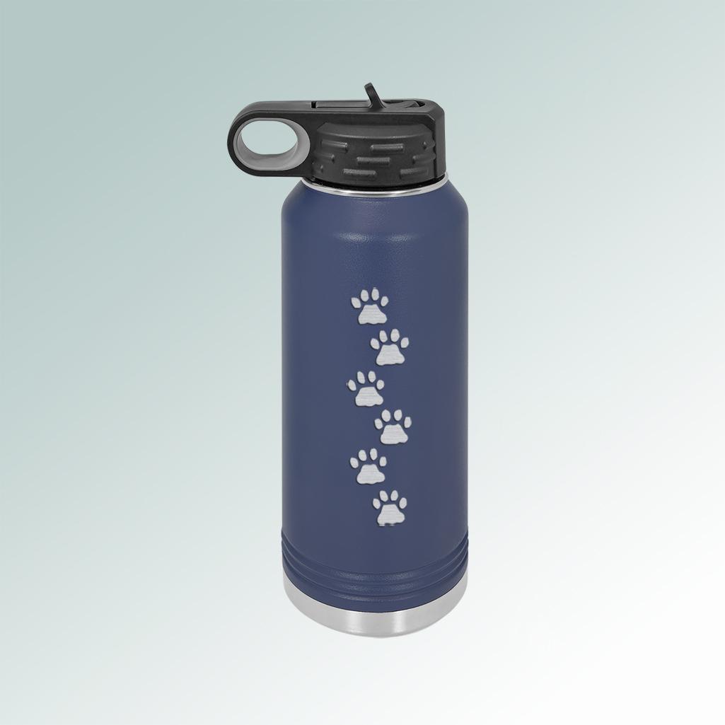 Personalized stainless steel dog paw water bottle with your choice of dog paw design and custom engraved text. 25+ dog paw designs to choose from.