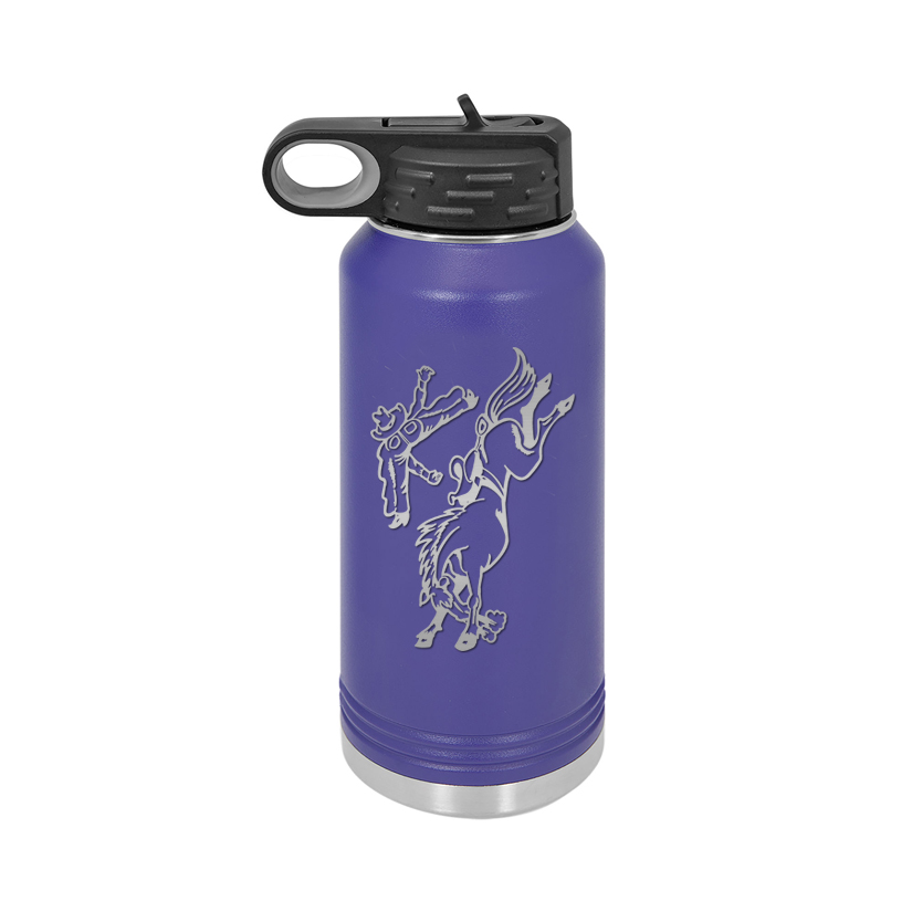 Custom engraved stainless steel water bottle with your choice of rodeo design and personalized text.