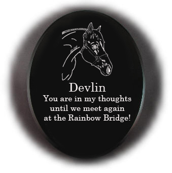Personalized black marble memorial stone with your choice of horse design and engraved text. Horse Memorial