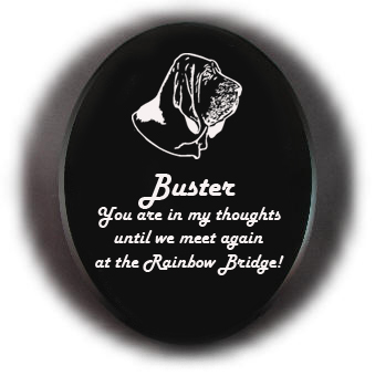 Personalized black marble memorial stone with your choice of hound dog design and engraved text. Hound Dog Memorial