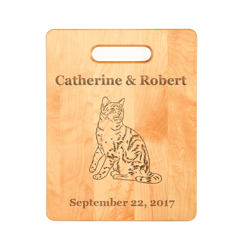 Personalized maple cutting board with your choice of cat design and engraved text. Cat Maple Cutting Board