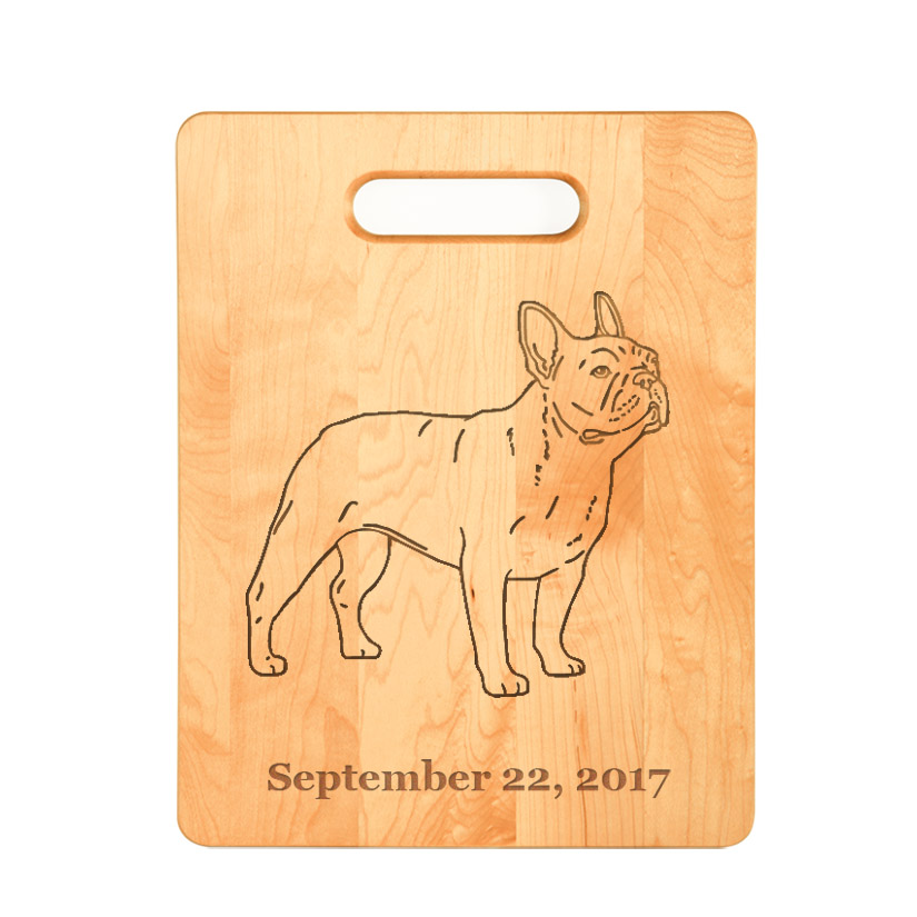 Custom engraved maple wood cutting board with dog design 2 and personalized text. Dog Maple Cutting Board