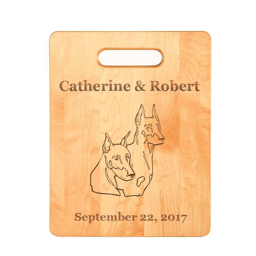 Personalized maple cutting board with your choice of doberman design and engraved text. Doberman Maple Cutting Board