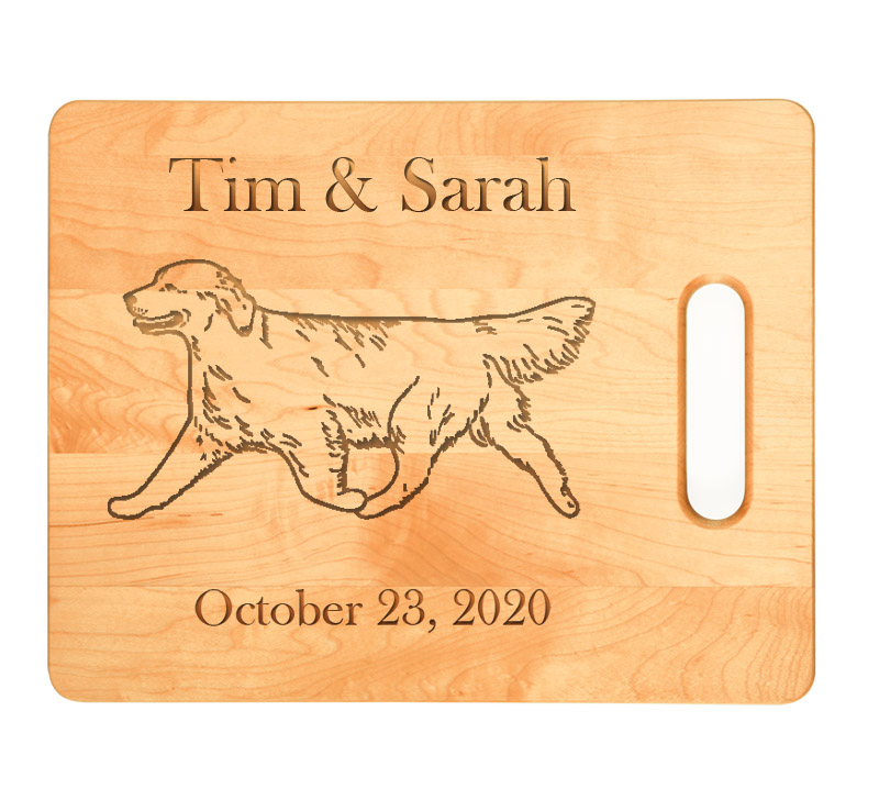 Custom engraved maple wood cutting board with Golden Retriever design and personalized text. Golden Retriever
