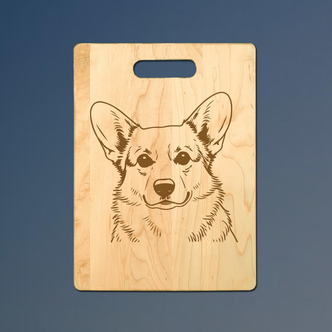 Custom engraved maple wood corgi cutting board with personalized text. 100+ corgi designs to choose from