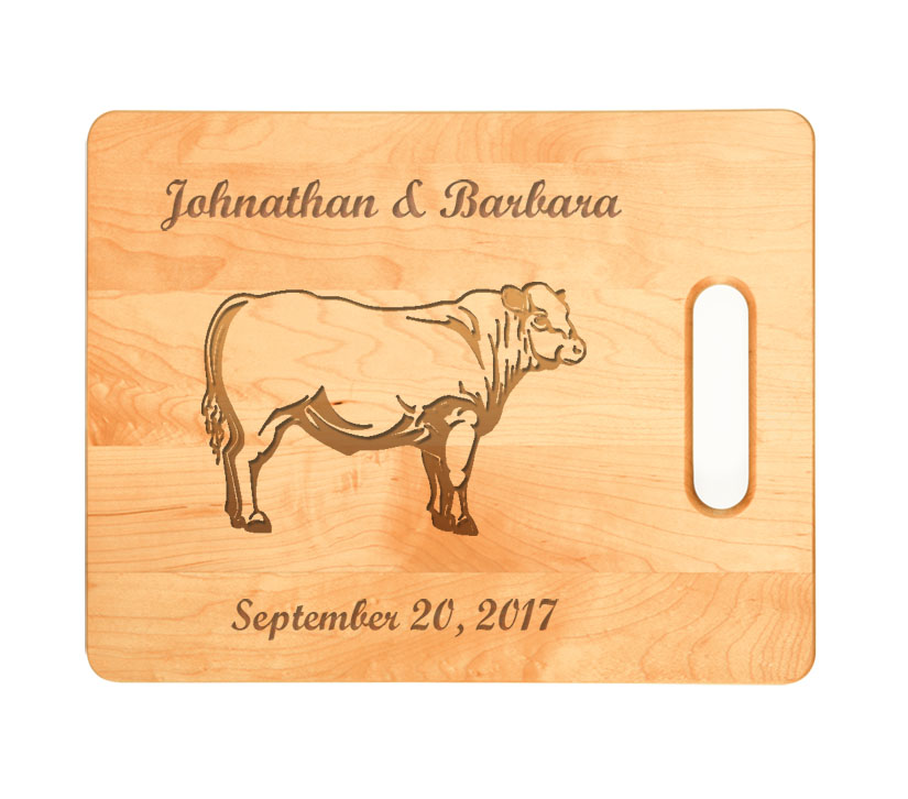Custom engraved maple wood cutting board with farm animal design and personalized text. Farm Animal Cutting Board