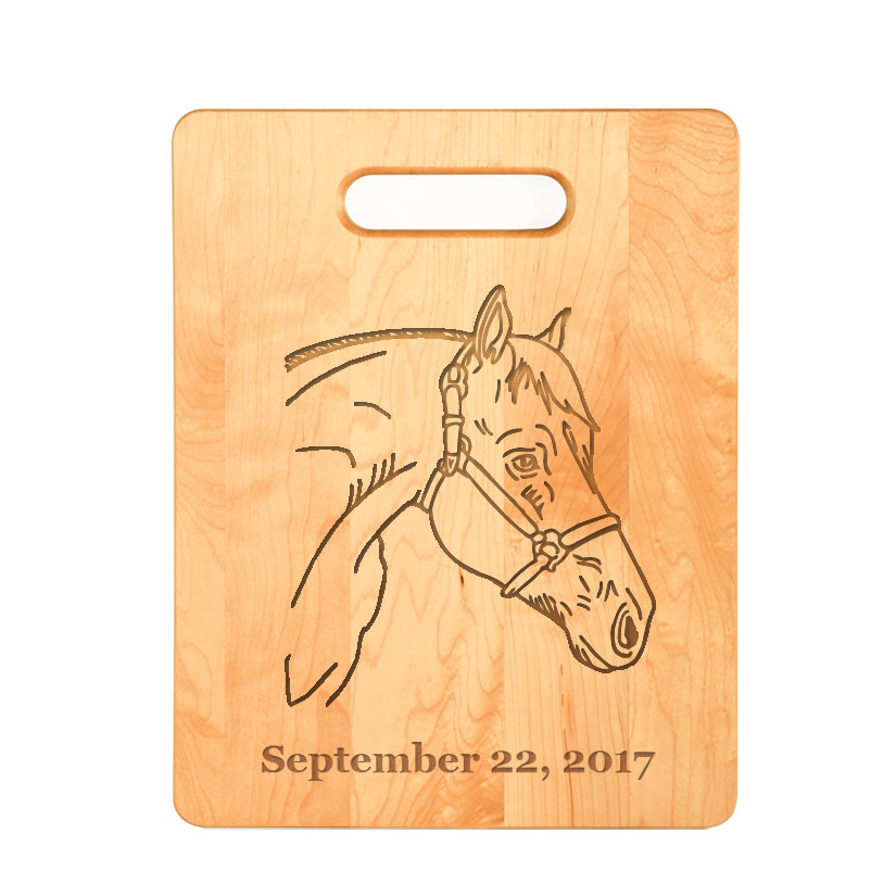 Custom engraved maple wood cutting board with horse design and personalized text. Equestrian Cutting Board