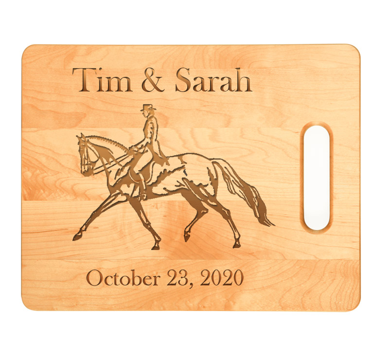 Personalized maple wood cutting board with engraved horse design 2 and text. Horse Cutting Board