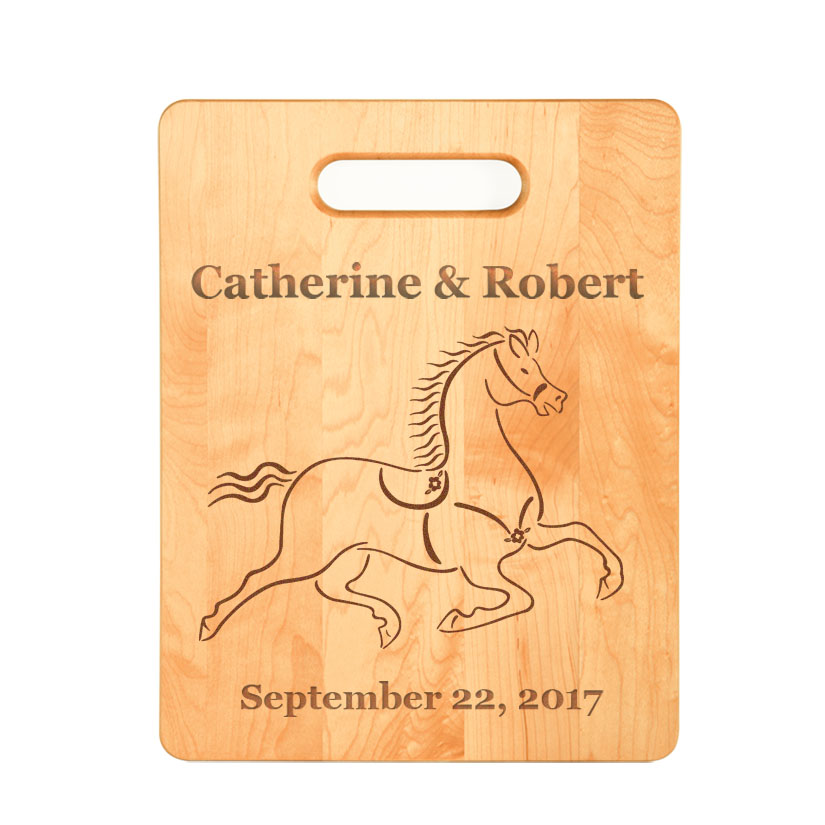 Custom engraved maple wood cutting board with horse design 3 and personalized text. Equestrian Cutting Board