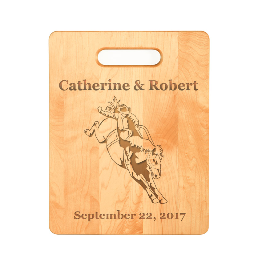 Personalized maple wood cutting board with engraved rodeo design and text. Rodeo Cutting Board