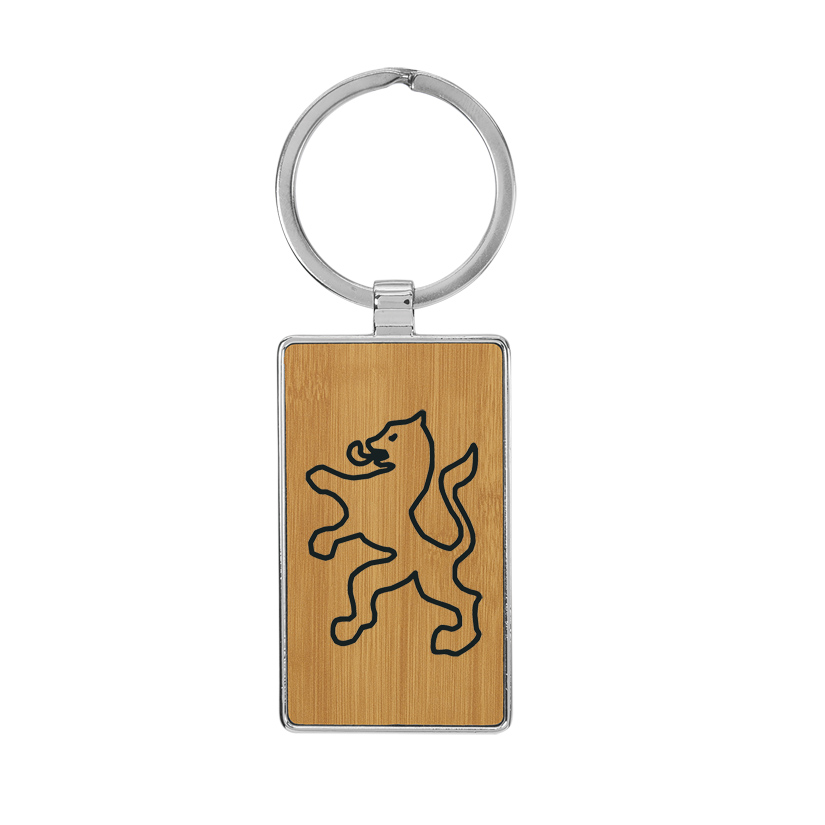 Custom engraved metal frame leatherette key chain with a horse breed logo and personalized text. Horse Keychain