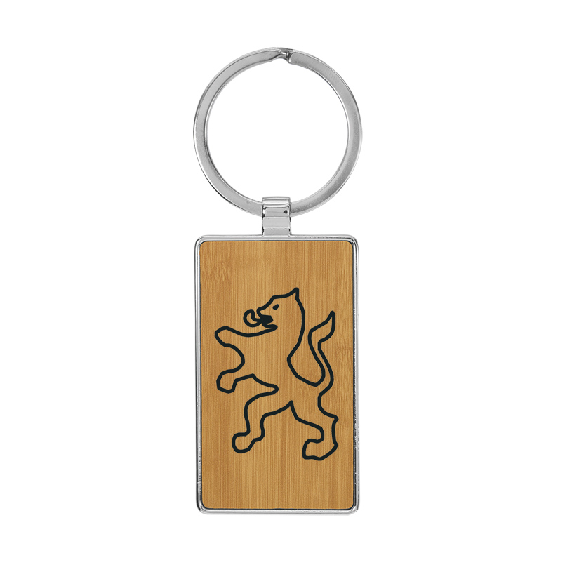Custom engraved metal frame leatherette key chain with a horse breed logo and personalized text. Horse Key Chain