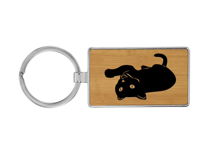 Metal frame leatherette keychain with your choice of cat design and personalized text. Cat Keychain