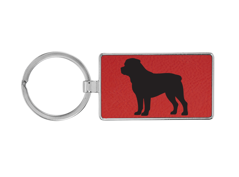Metal frame leatherette keychain with your choice of dog design and personalized text. Dog Key Chain