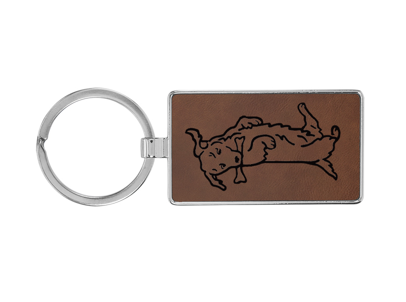 Metal frame leatherette keychain with your choice of dog design and personalized text. Dog Keychain