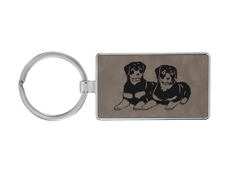 Custom engraved metal frame leatherette key chain with a dog design 4 and personalized text. Dog Key Chain
