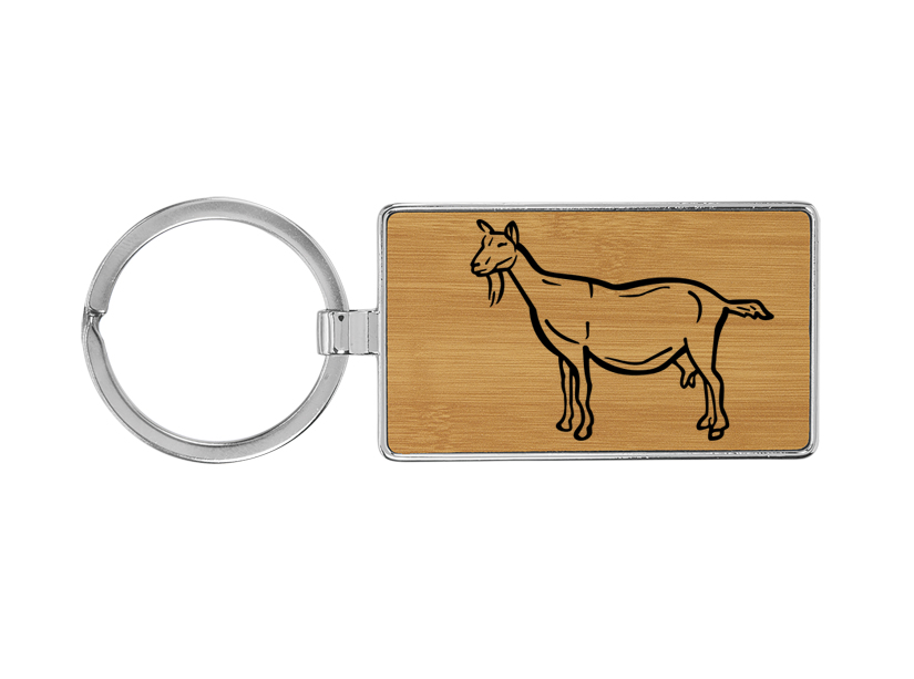 Custom engraved metal frame leatherette key chain with a farm animal design and personalized text. Farm Animal Keychain