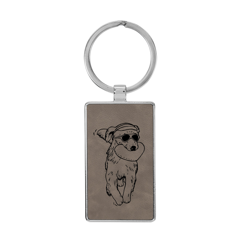 Custom engraved metal frame leatherette key chain with a Golden Retriever design and personalized text. Golden Retriever Keychain