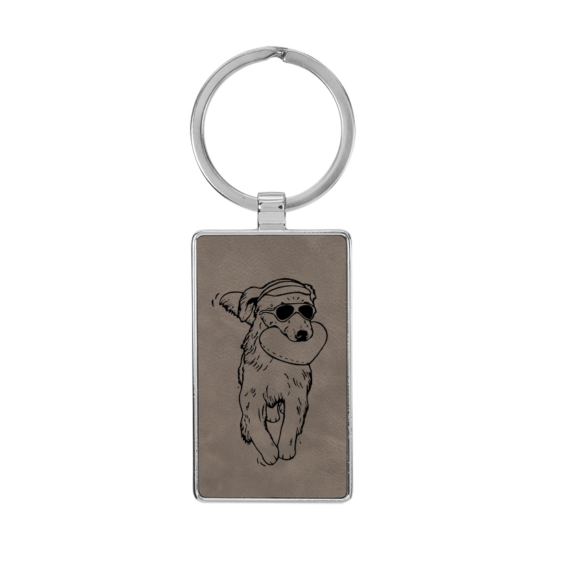 Custom engraved metal frame leatherette key chain with a Golden Retriever design and personalized text. Golden Retriever Key Chain