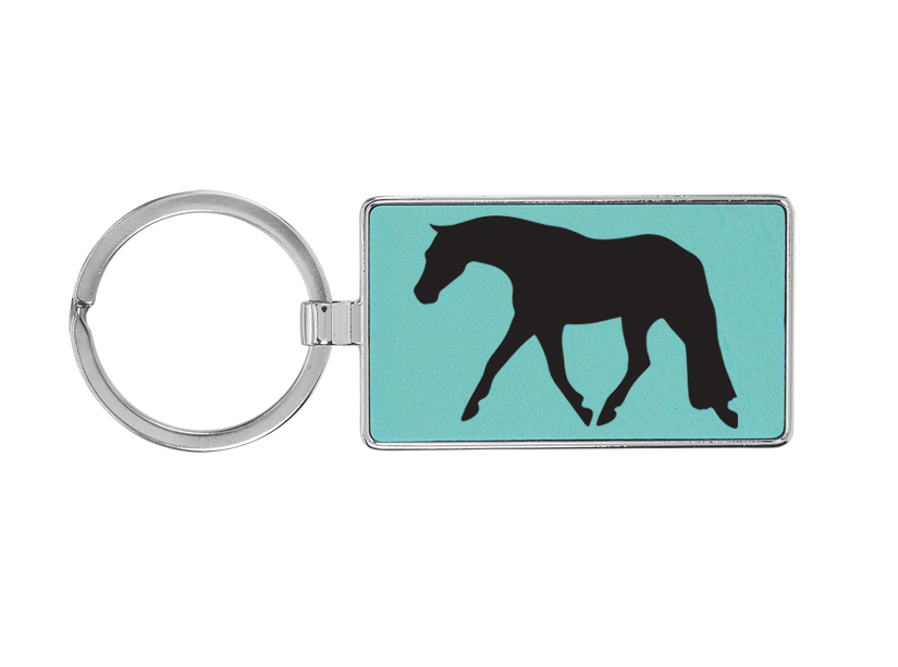 Metal frame leatherette key chain with your choice of horse silhouette and personalized text. Equestrian Key Chain