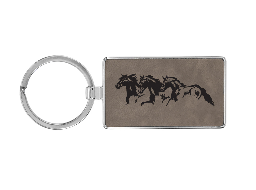 Custom engraved metal frame leatherette key chain with a horse design 2 and personalized text. Horse Keychain