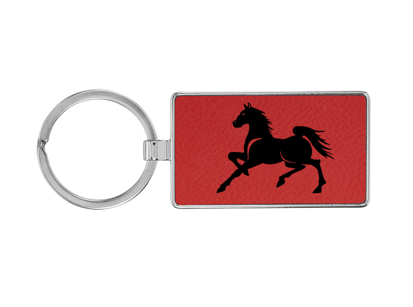 Metal frame leatherette keychain with your choice of horse design 3 and personalized text. Equestrian Keychain