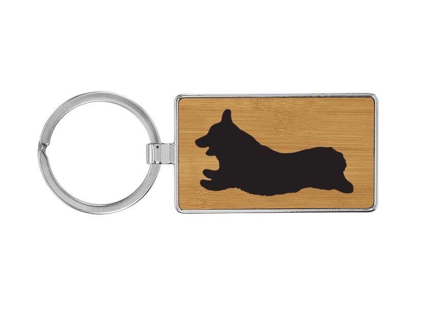 Custom engraved metal frame leatherette key chain with a corgi design and personalized text. Corgi Keychain