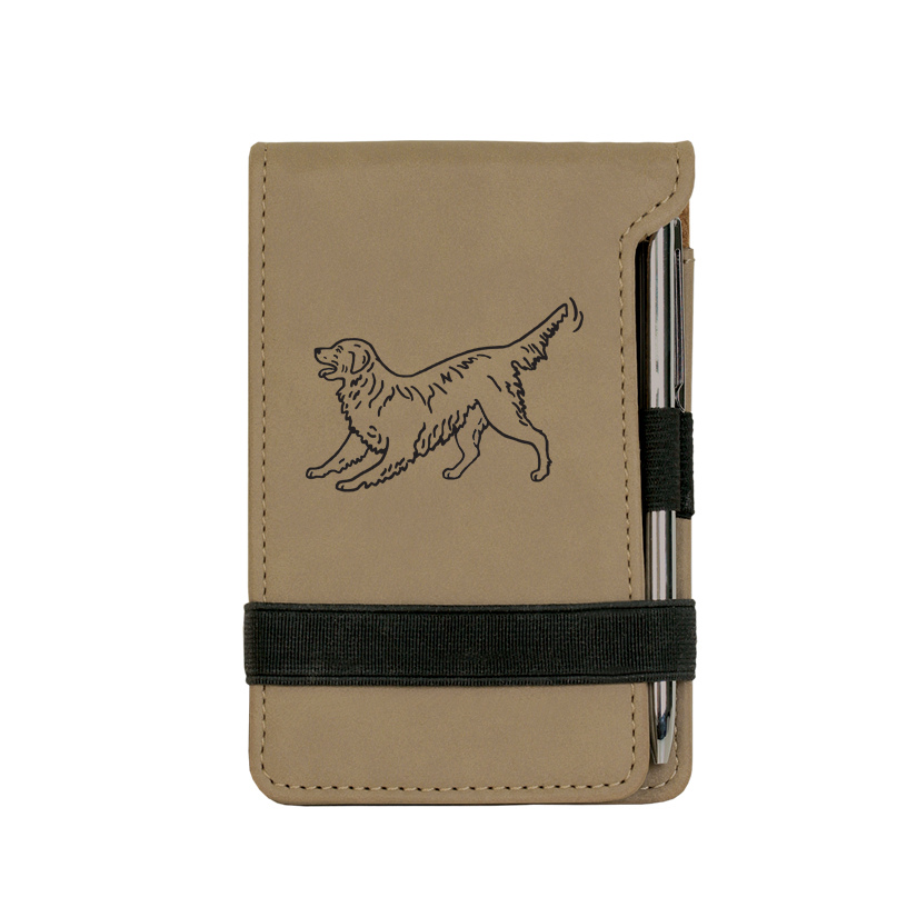 Custom engraved mini notepad and pen with a Golden Retriever design and personalized text. Golden Retriever Notepad,