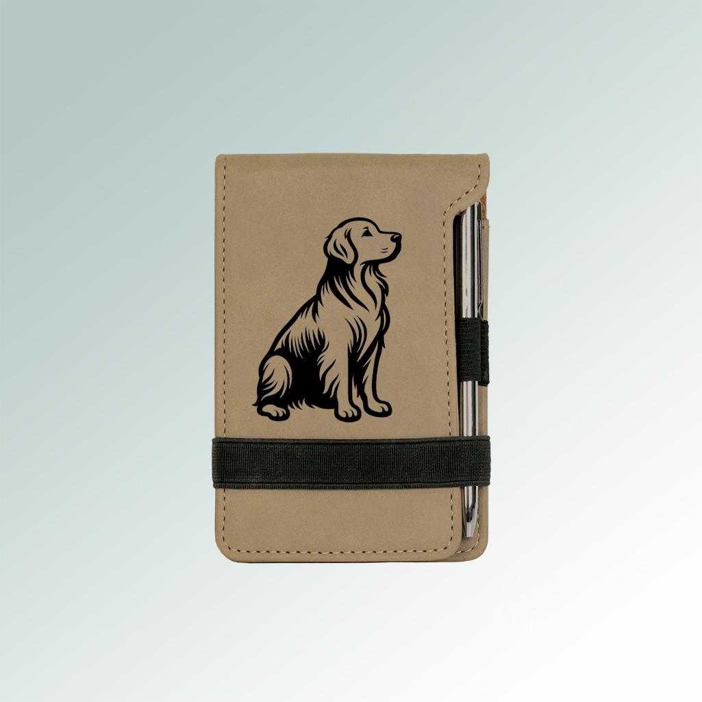 Custom engraved mini golden retriever notepad and pen with a golden retriever design and personalized text. 80+ Golden Retriever designs to choose from.