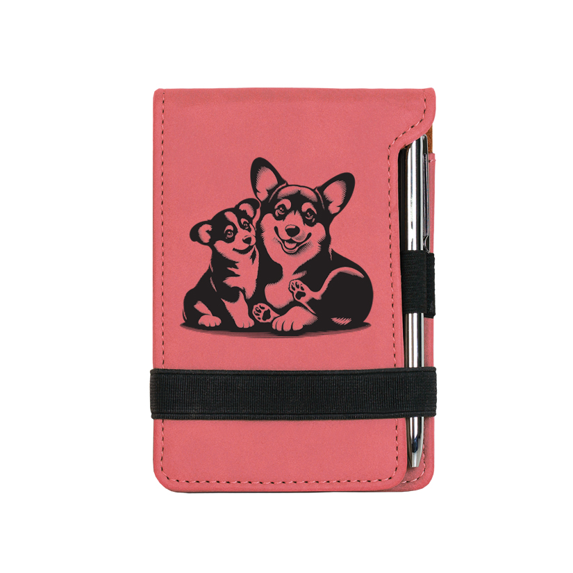Custom engraved mine notepad and pen with a Welsh Corgi design and personalized text. Corgi Notepad