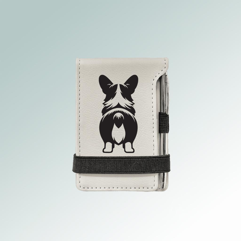 Custom engraved mini corgi notepad and pen with a corgi design and personalized text. 100+ corgi designs to choose from.