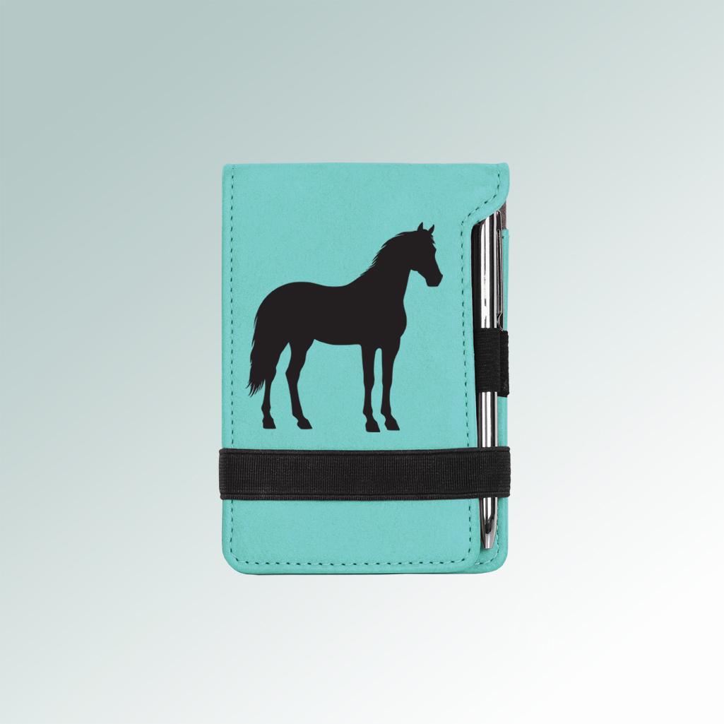 Custom engraved mini horse silhouette notepad and pen with a horse silhouette and personalized text. 85+ horse silhouettes to choose from.