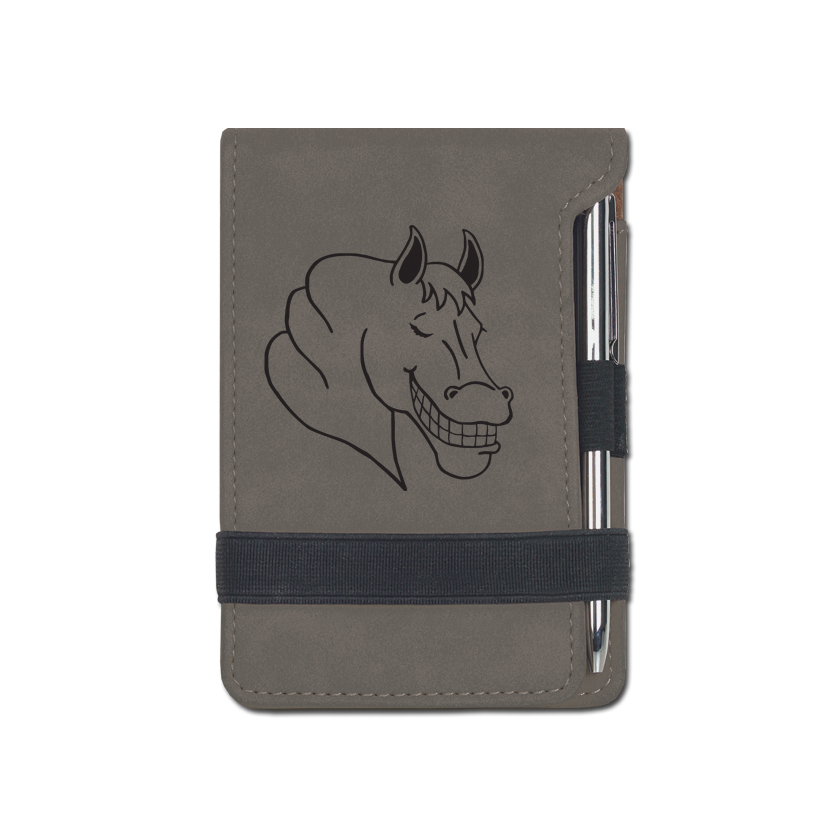 Custom engraved mine notepad and pen with a horse design 3 and personalized text. Equestrian Notepad
