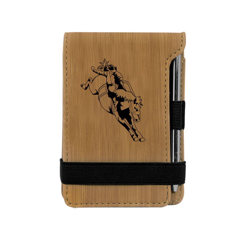 Custom engraved mine notepad and pen with a rodeo design and personalized text. Rodeo Notepad