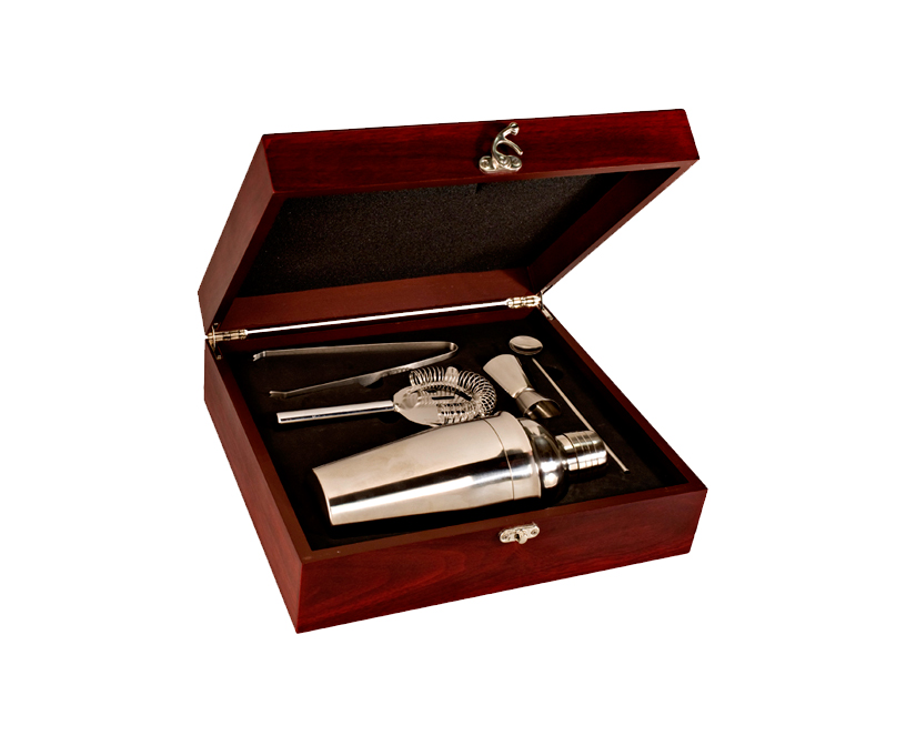 Personalized martini box gift set with engraved text and horse breed logo. Equestrian Martini Set