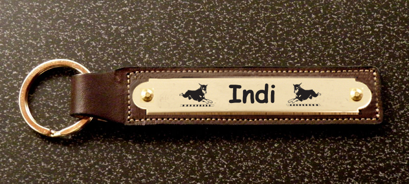 Custom engraved brass Doberman dog design nameplate on a leather key fob. Doberman Key Fob