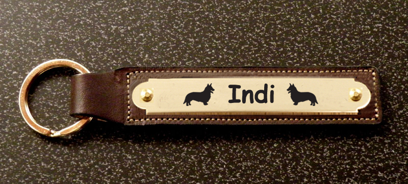 Custom engraved brass Welsh Corgi dog design nameplate on a leather key fob. Corgi Nameplate Fob