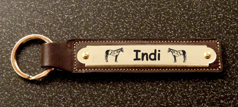Leather key fob with an engraved brass nameplate with your choice of text and horse design. Horse Nameplate Fob