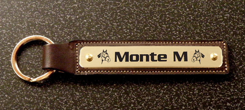 Leather key fob with an engraved brass nameplate with your choice of text and horse design 2. Equestrian Key Fob