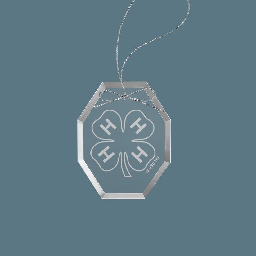 Custom engraved clear glass Christmas ornament with personalized text and 4-H logo. 4-H Ornament