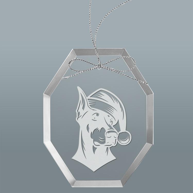 Custom engraved clear glass Christmas ornament with personalized text and Doberman dog design. Doberman Ornament