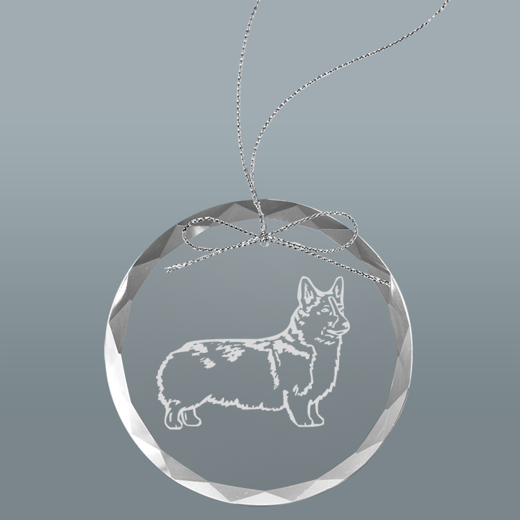Personalized engraved Christmas ornament / sun catcher with text and Welsh Corgi dog design of your choice. Corgi Ornament