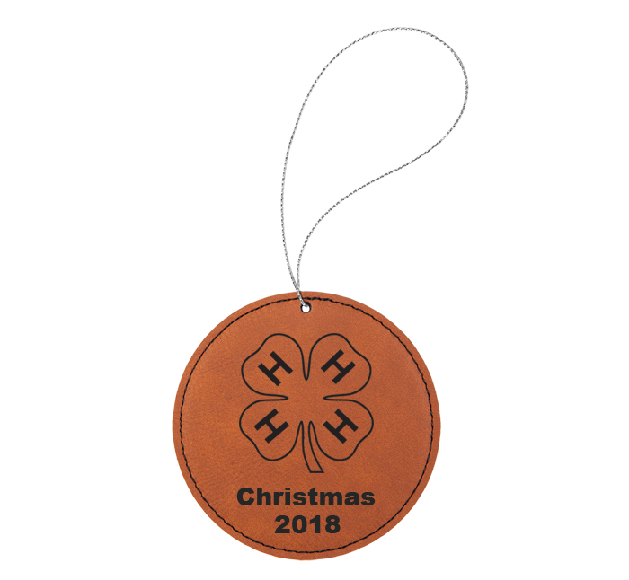 Custom engraved leather Christmas ornament with custom text and a 4-H logo of your choice. 4-H Ornament