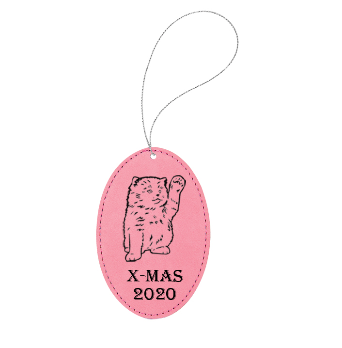 Personalized leatherette Christmas ornament with engraved text and a cat design. Cat Ornament