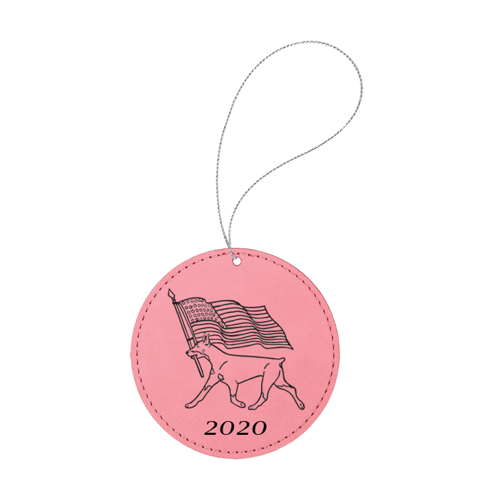 Personalized leatherette Christmas ornament with engraved text and a Doberman dog design.