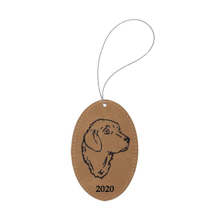 Personalized leatherette Christmas ornament with engraved text and a Golden Retriever dog design.