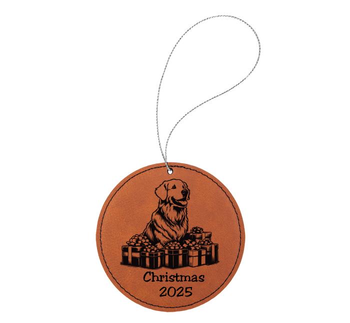 Personalized leatherette Christmas ornament with engraved text and a Golden Retriever dog design. Golden Retriever Ornament