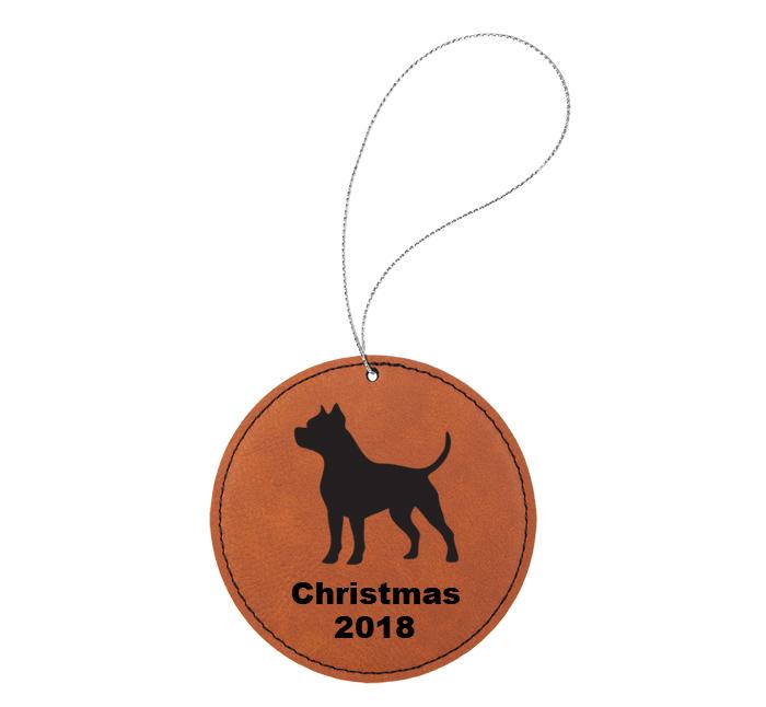 Custom engraved leatherette Christmas ornament with custom text and a dog design of your choice. Dog Ornament