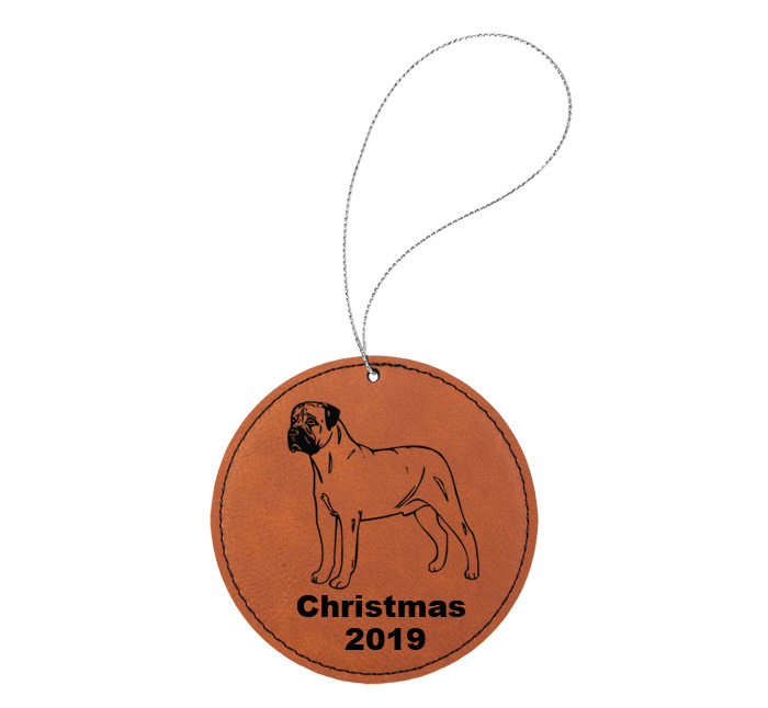 Custom engraved leatherette Christmas ornament with custom text and a toy dog design of your choice.