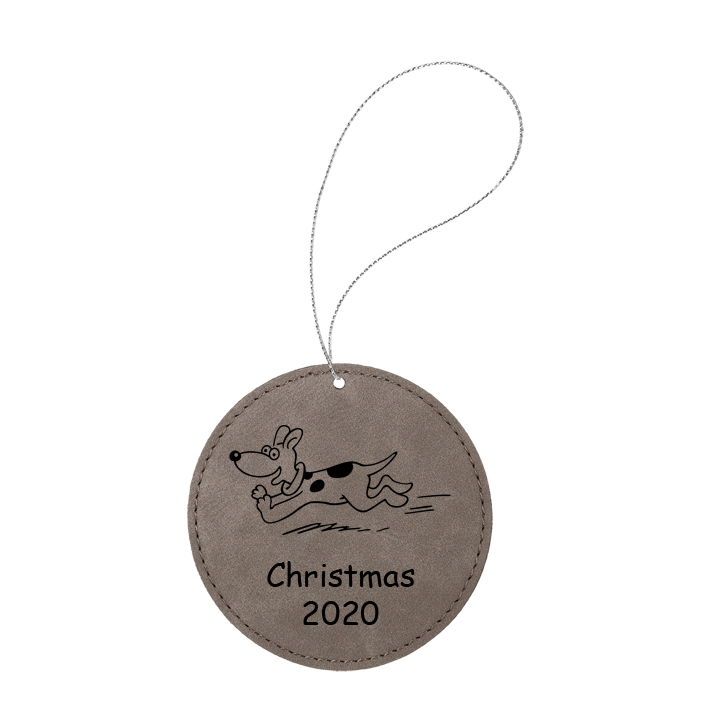 Personalized leatherette Christmas ornament with engraved text and a dog design.